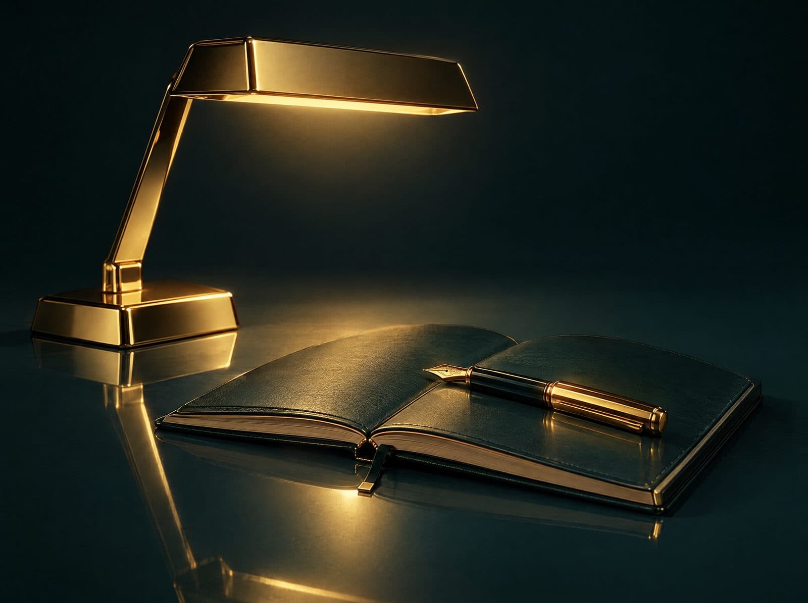 Lampada d'oro che illumina un taccuino aperto e una penna