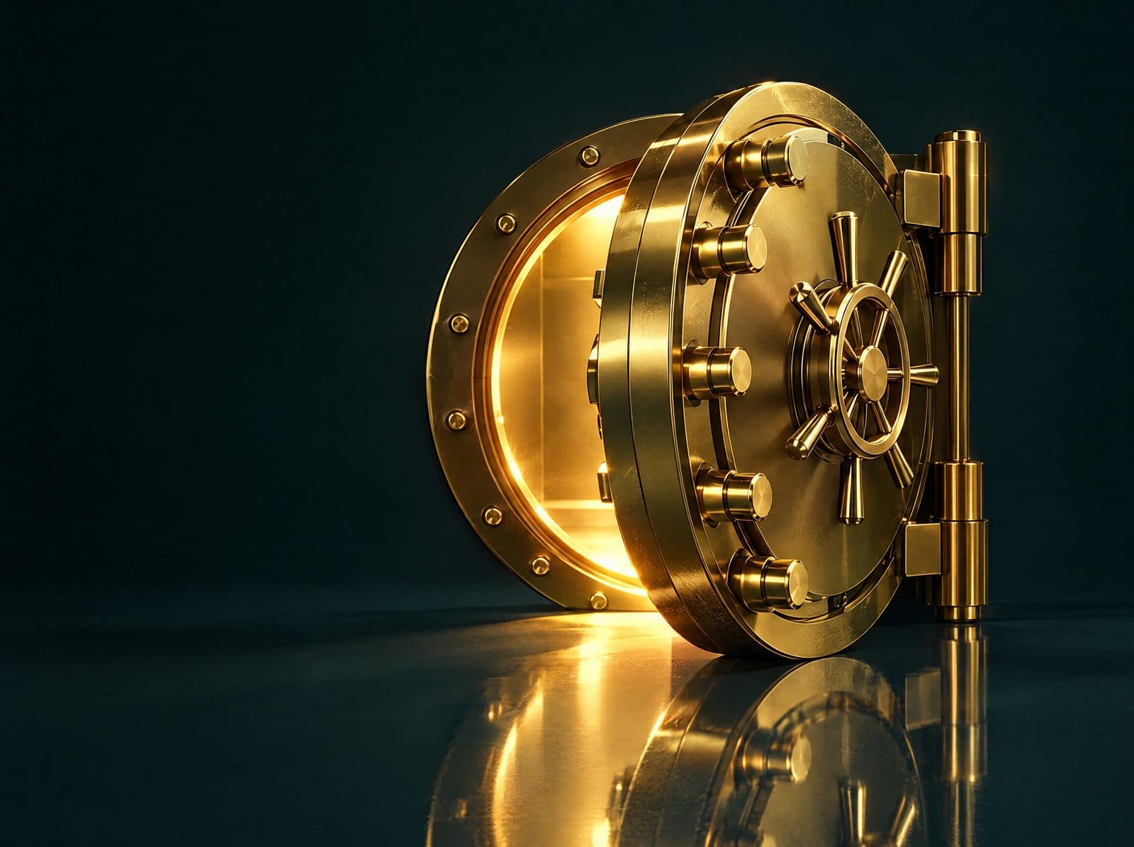 Porta di un caveau d'oro socchiusa con luce calda